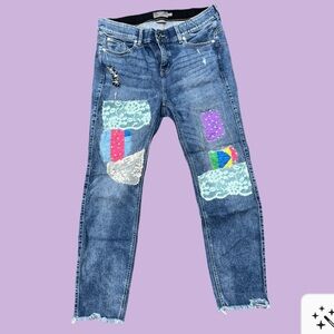 Torrid Blue Skinny Jeans with Distressed Patchwork